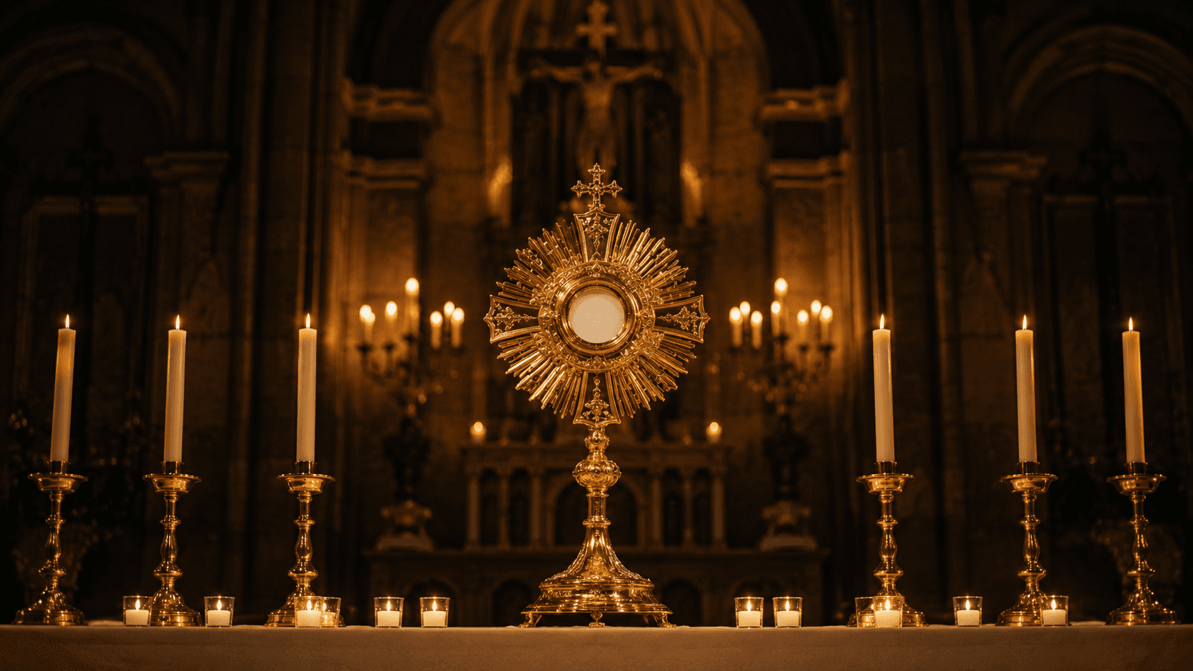 Eucharistic Adoration in a candlelit church