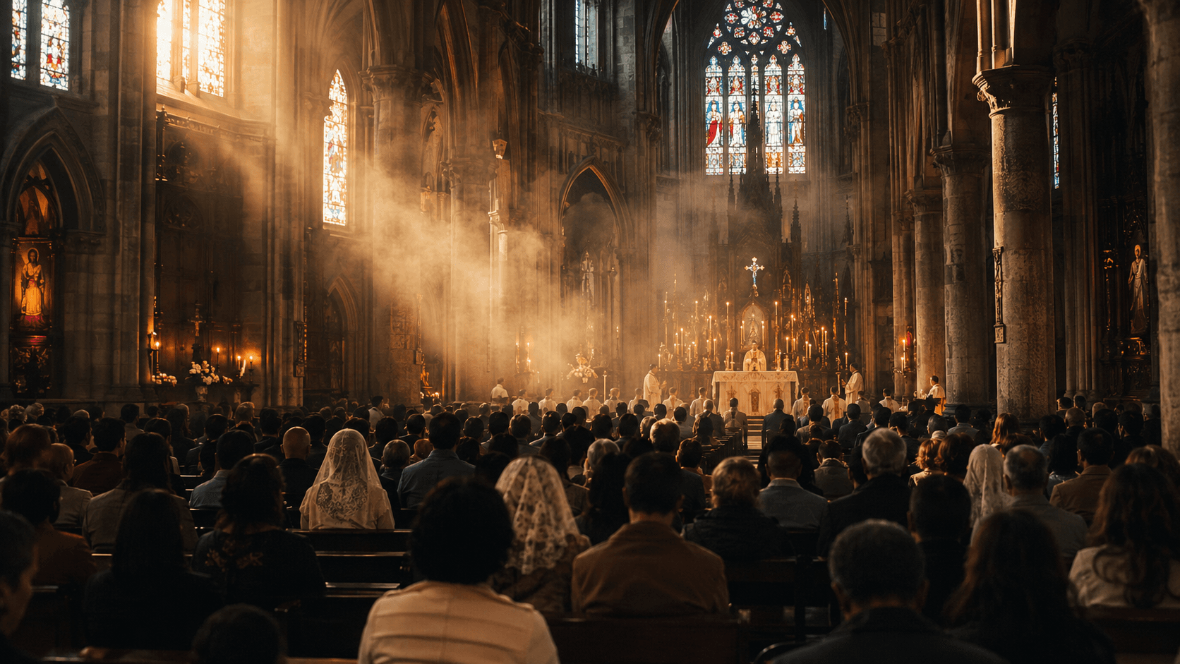 A distant view across a wide congregation at Mass