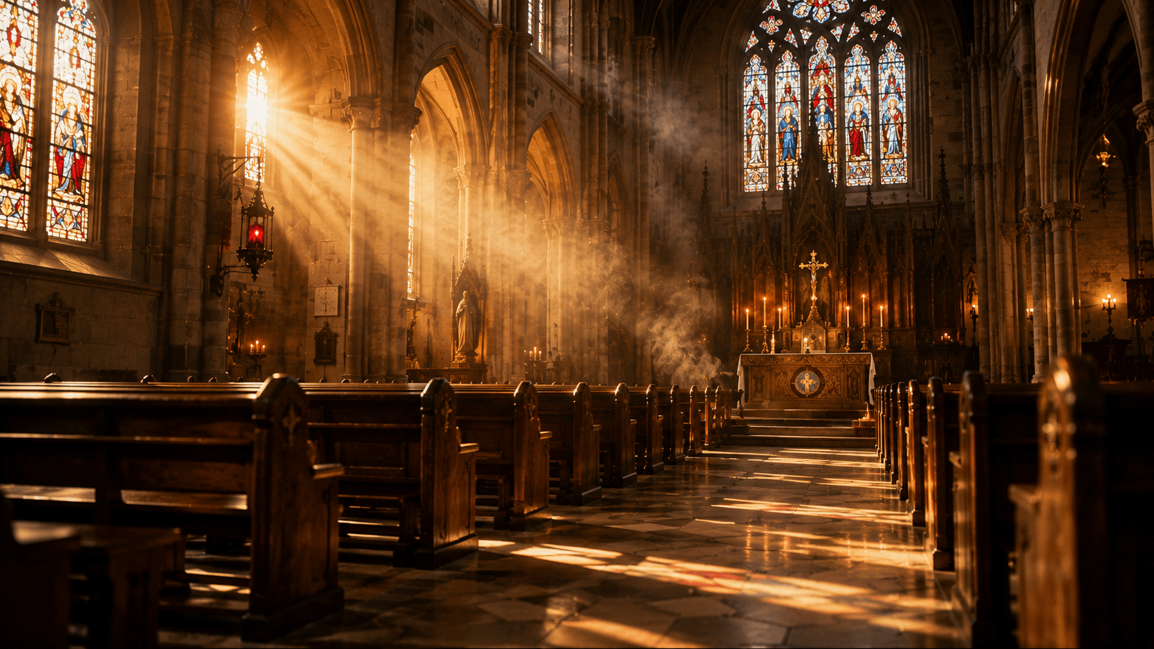 A quiet church interior with soft light